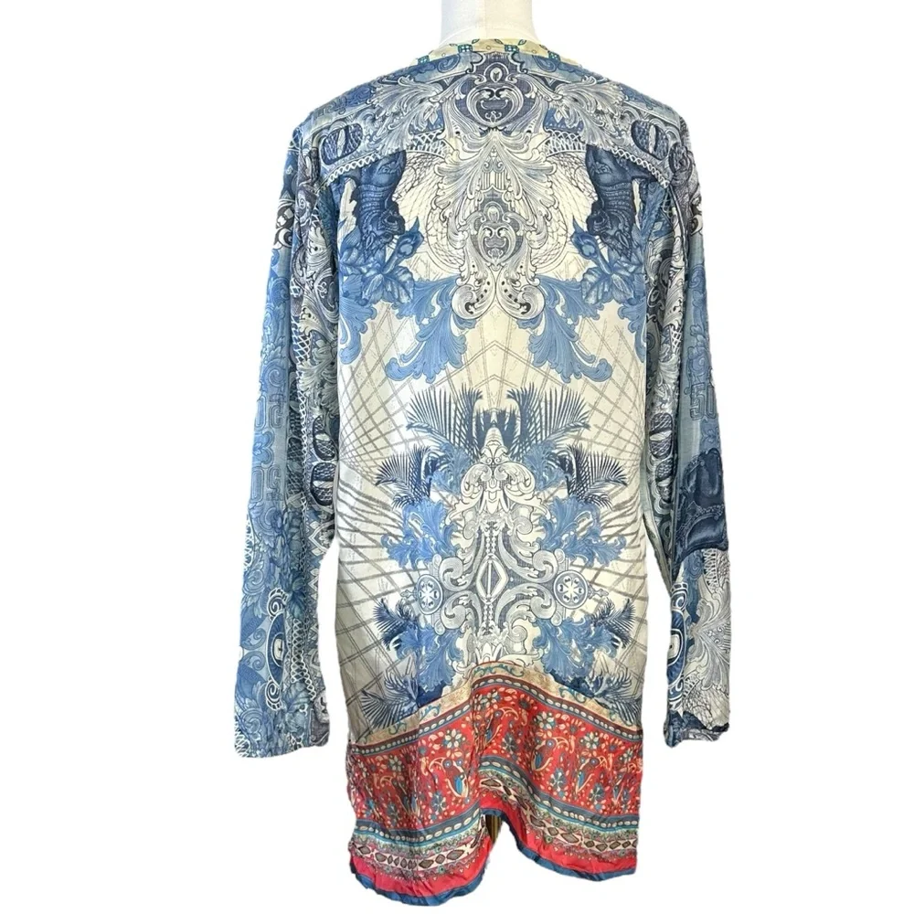 Johnny Was Bohemian Art to Wear Currency Print Silk Tunic Top Size Medium - Picture 8 of 17